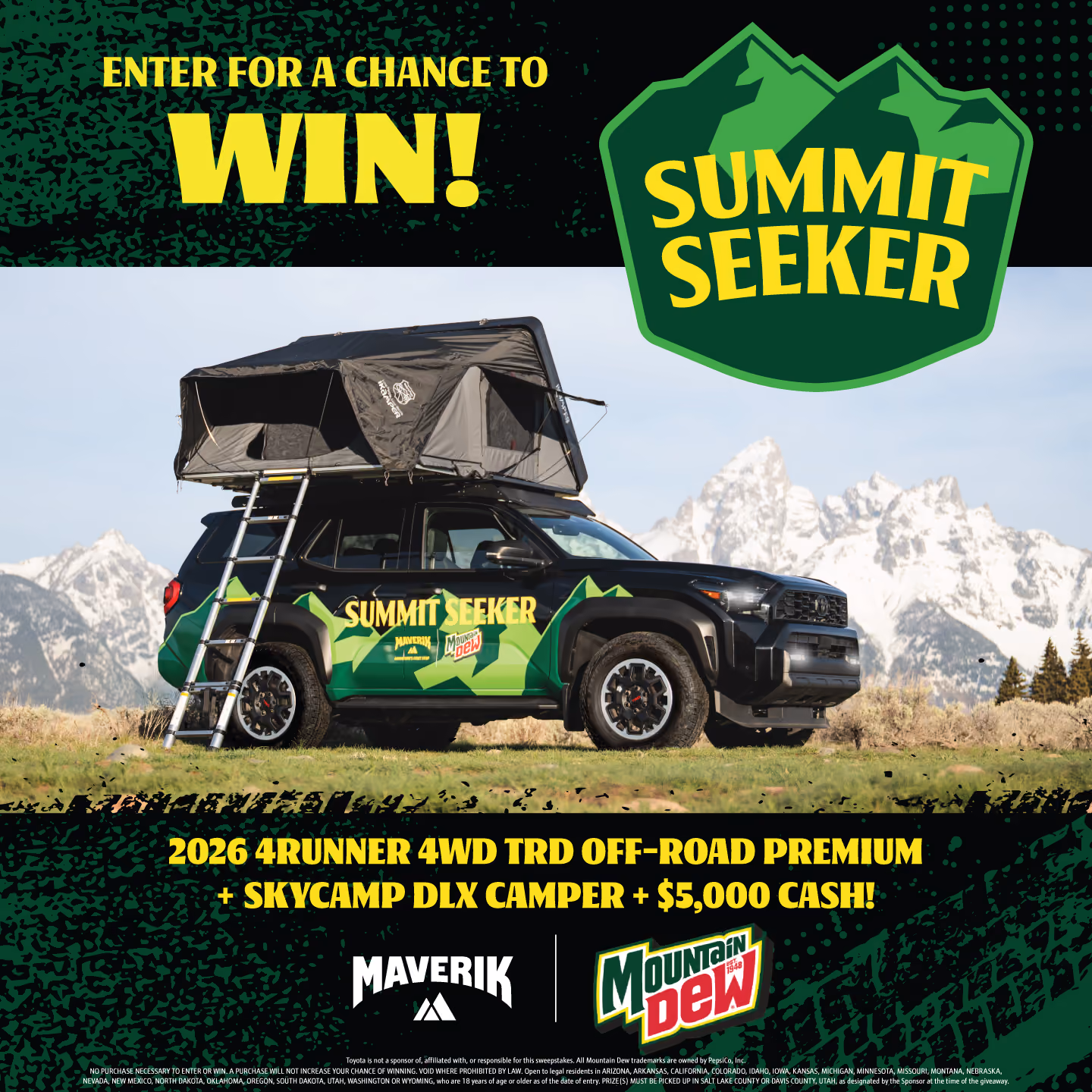 Summit Seeker Sweepstakes. You Could Win a 4Runner, a Roof-Top Camper and $5,000 Cash!