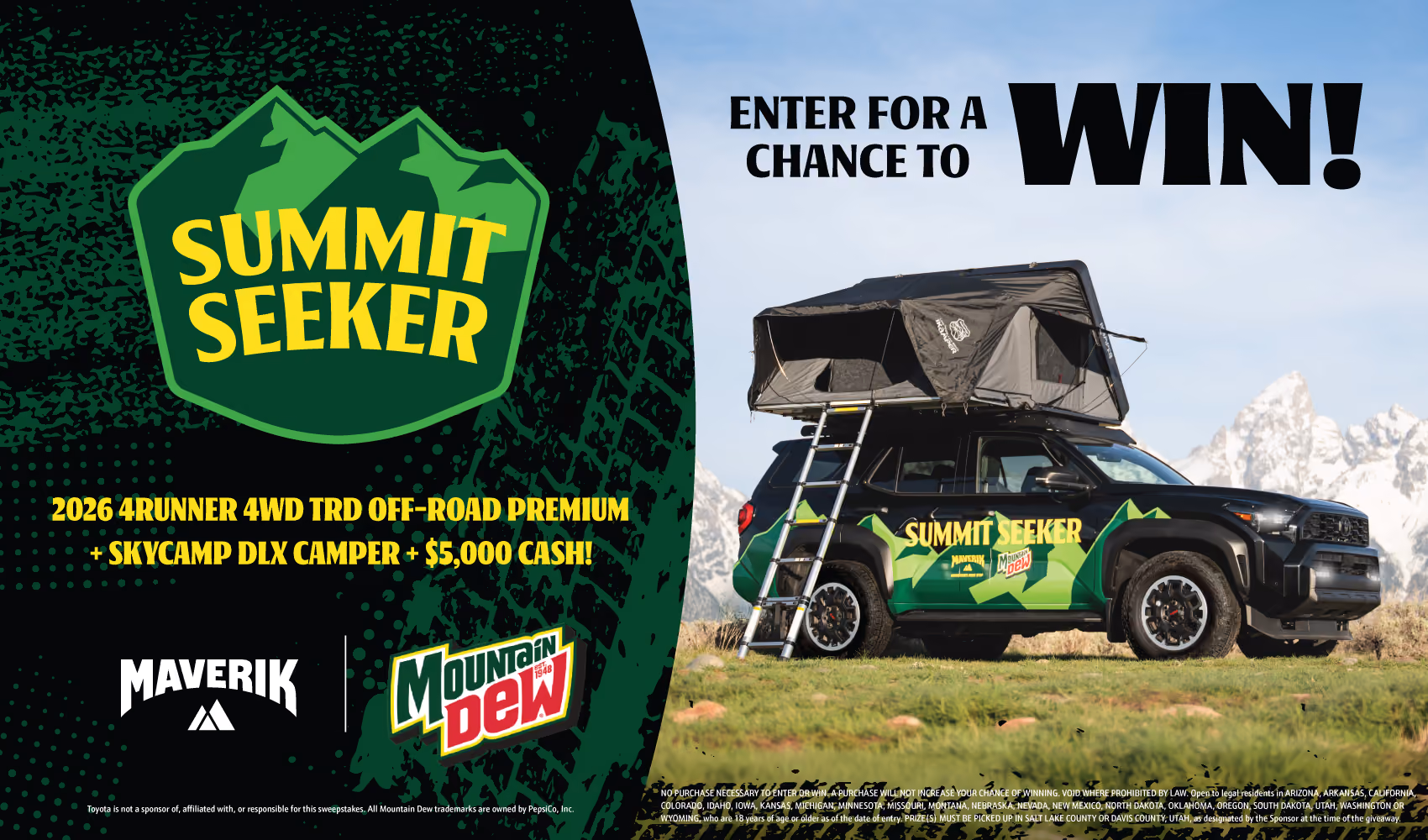 Summit Seeker Sweepstakes. You Could Win a 4Runner, a Roof-Top Camper and $5,000 Cash!